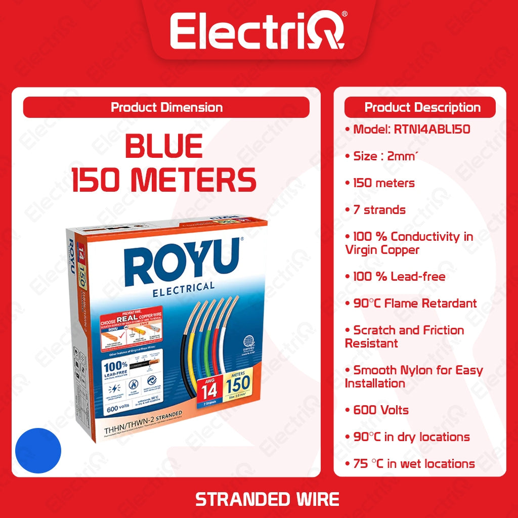 Electriq Royu THHN/THWN Stranded Copper Wire 2mm² AWG14 150M 600V Electrical Cable
