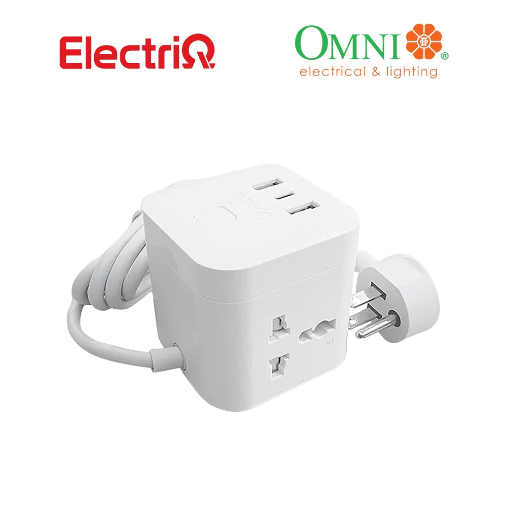 Electriq Omni Cube Dice Extension Cord 3 Outlet with USB A & Type C Fast Charging 1.5M