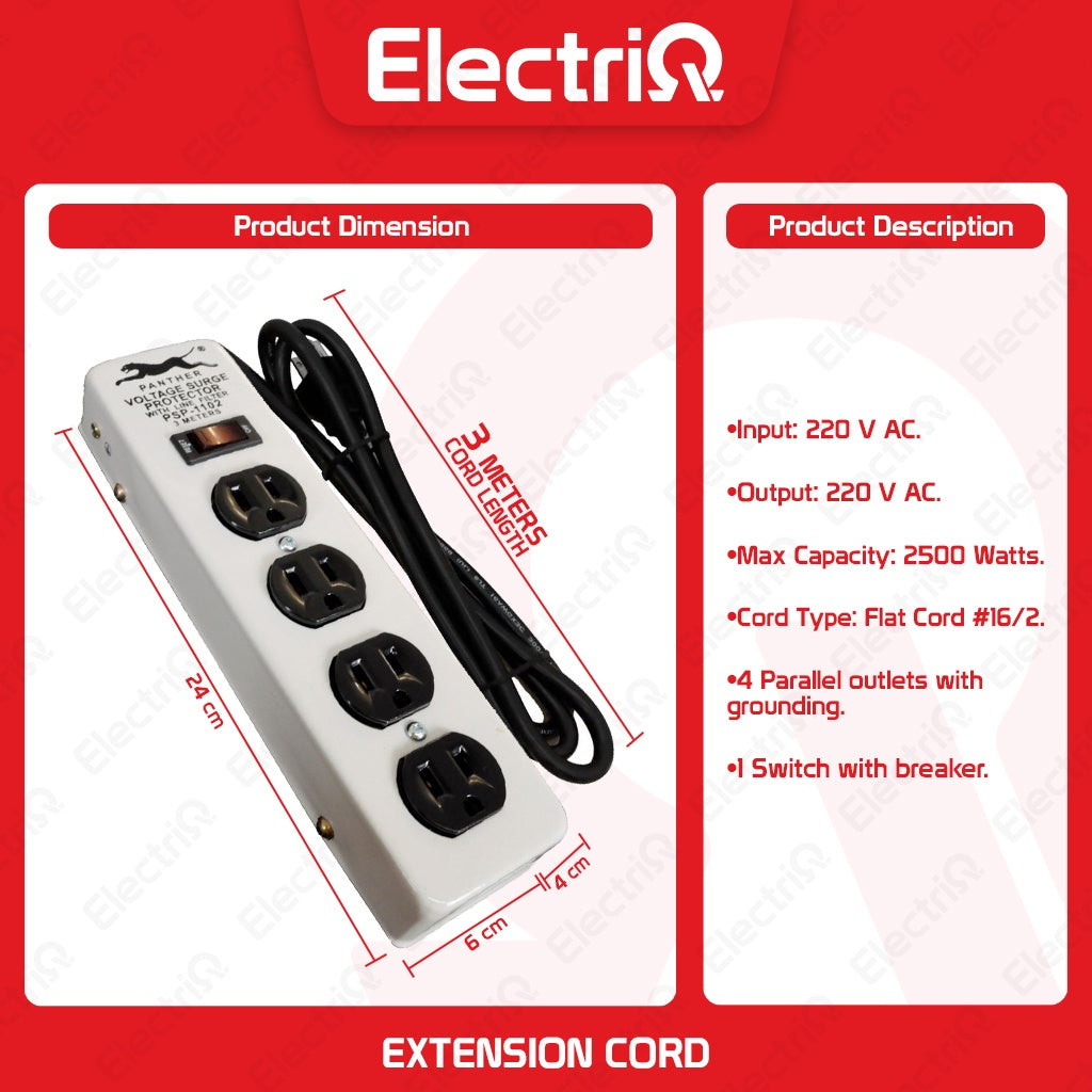 Electriq Panther Power Extension Cord 3M with Surge Protector 4-Outlet