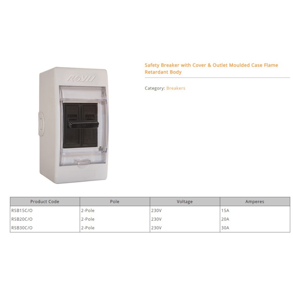 Electriq Royu Safety Breaker with Cover and Outlet Metal Handle 2-Pole 15A 230V