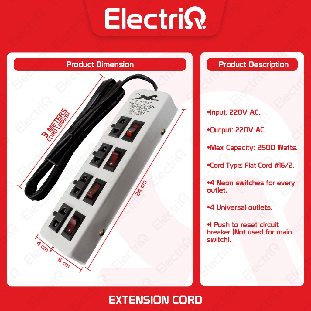 Electriq Panther Power Extension Cord 3M with Individual Switch & Surge Protector