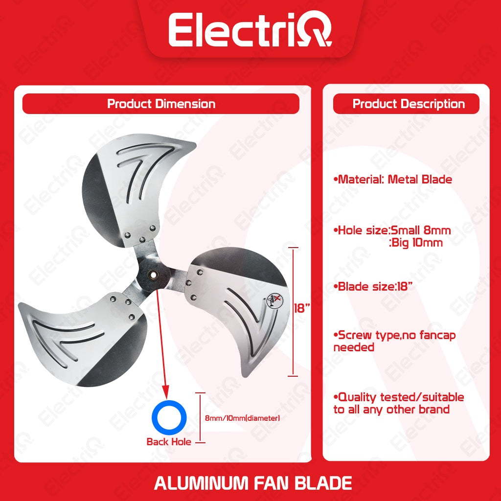Electriq 18” Industrial Metal Electric Fan Blade (8mm/10mm Hole) for Asahi, Hanabishi, Camel, Dowell