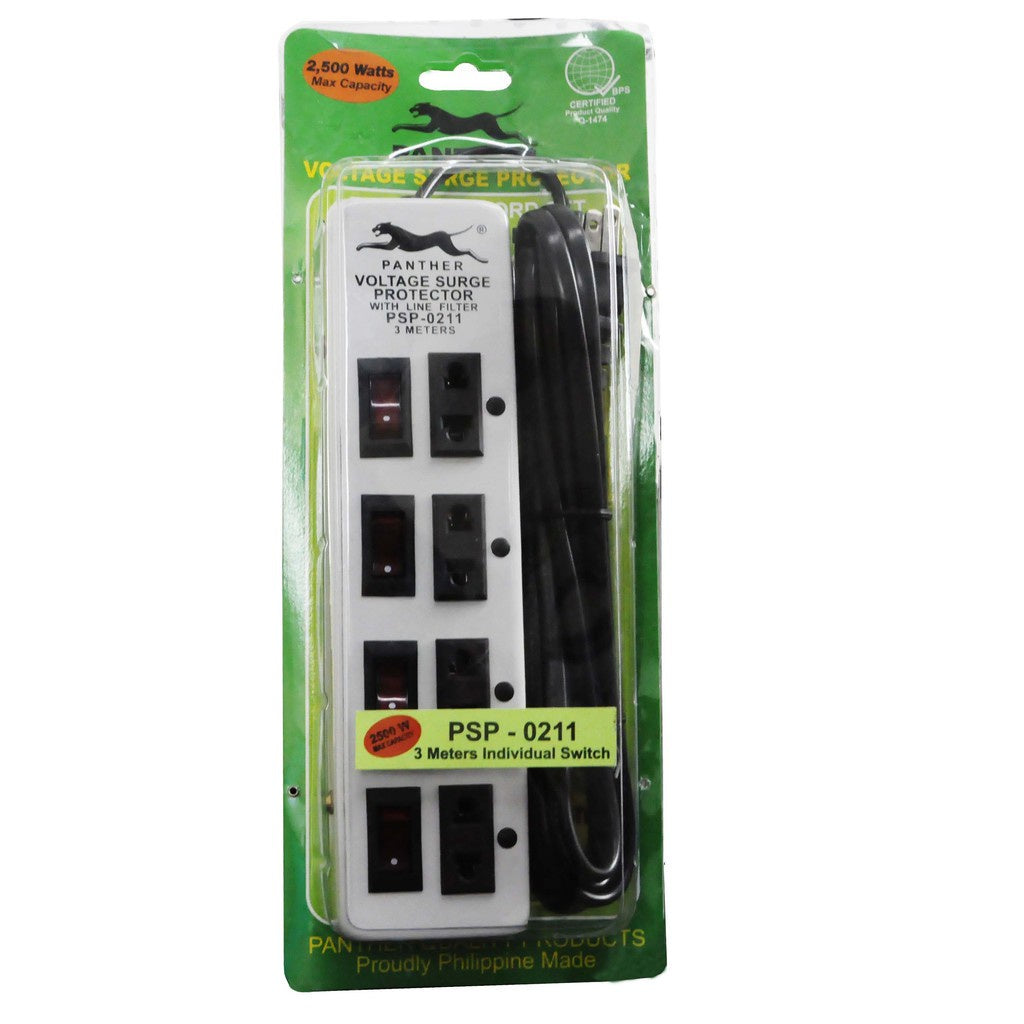 Electriq Panther Power Extension Cord 3M with Individual Switch & Surge Protector