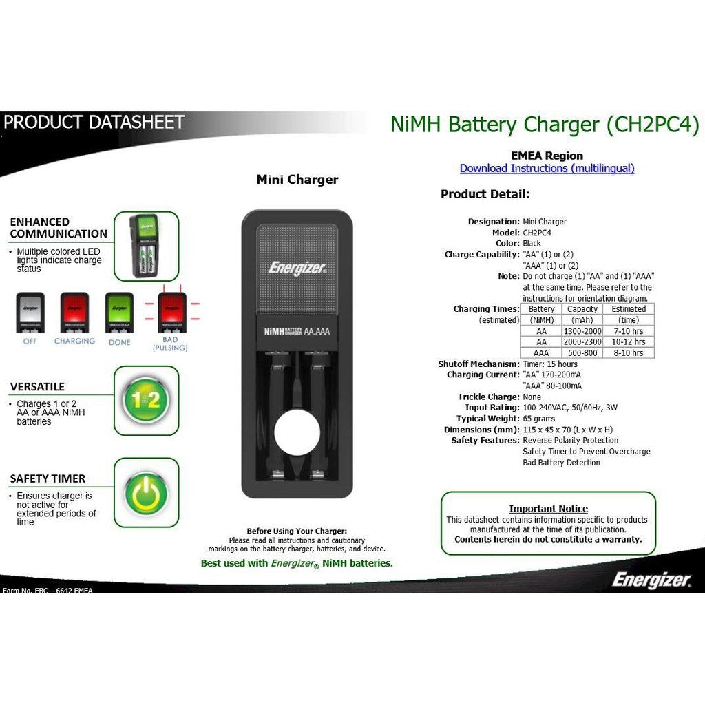 Electriq Energizer AA & AAA Battery Charger with 2 Free Rechargeable Batteries