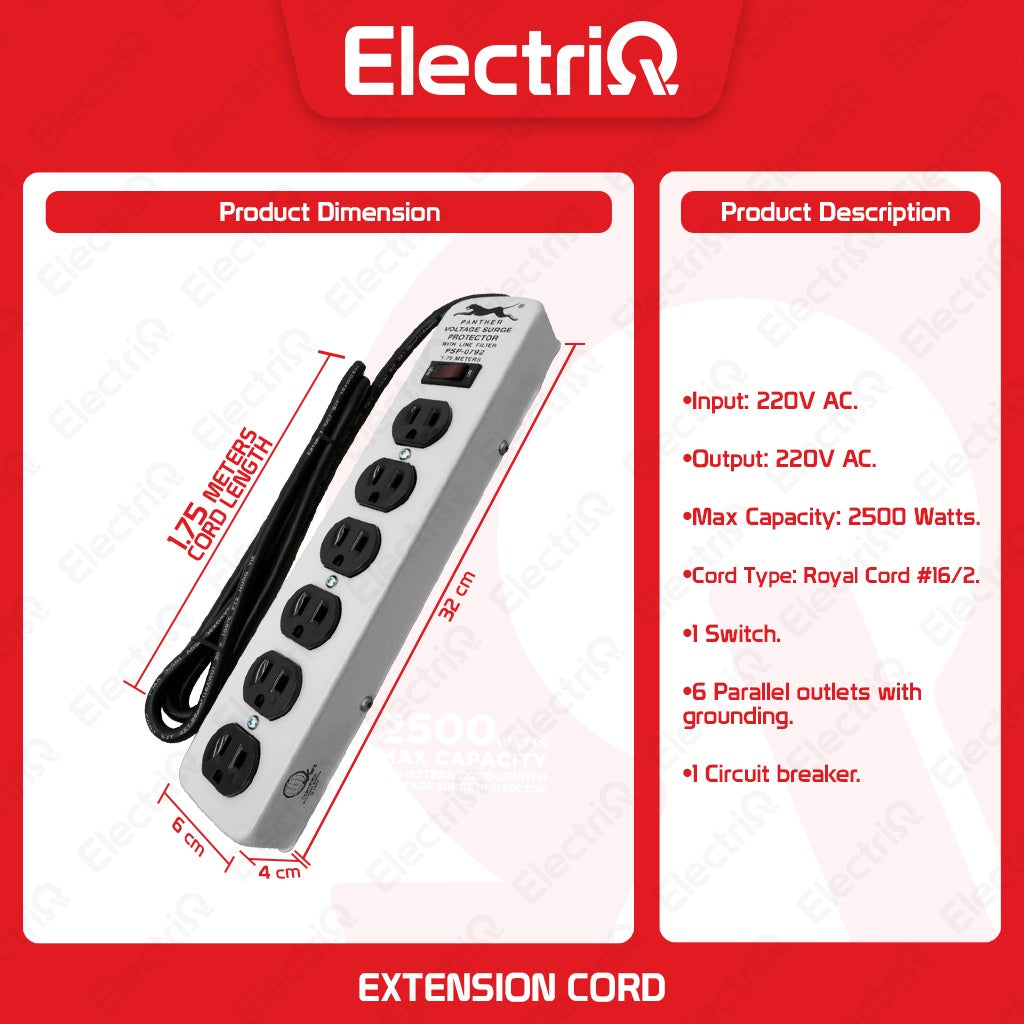 Electriq Panther 1.75M Power Extension Cord with Surge Protector 6-Outlet