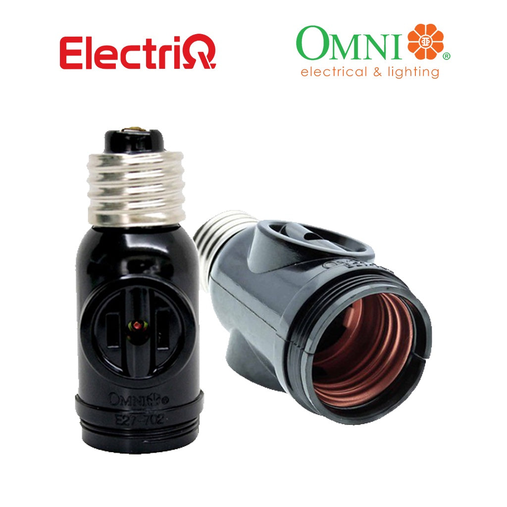 Electriq Omni Keyless Lamp Socket with 2-Gang Outlet 3A 250VAC Heavy Duty