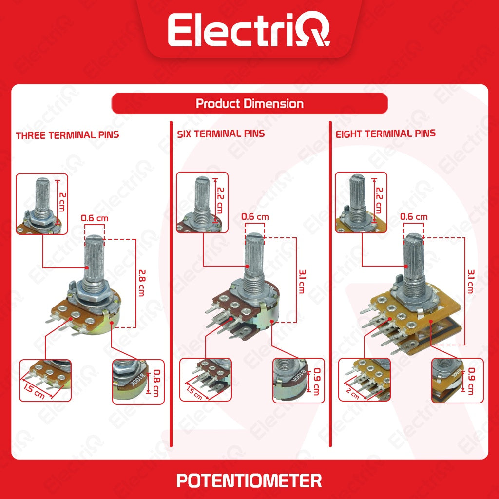 Electriq Potentiometer 100K 8/6/3 Pins Stereo Universal Volume Control B100K
