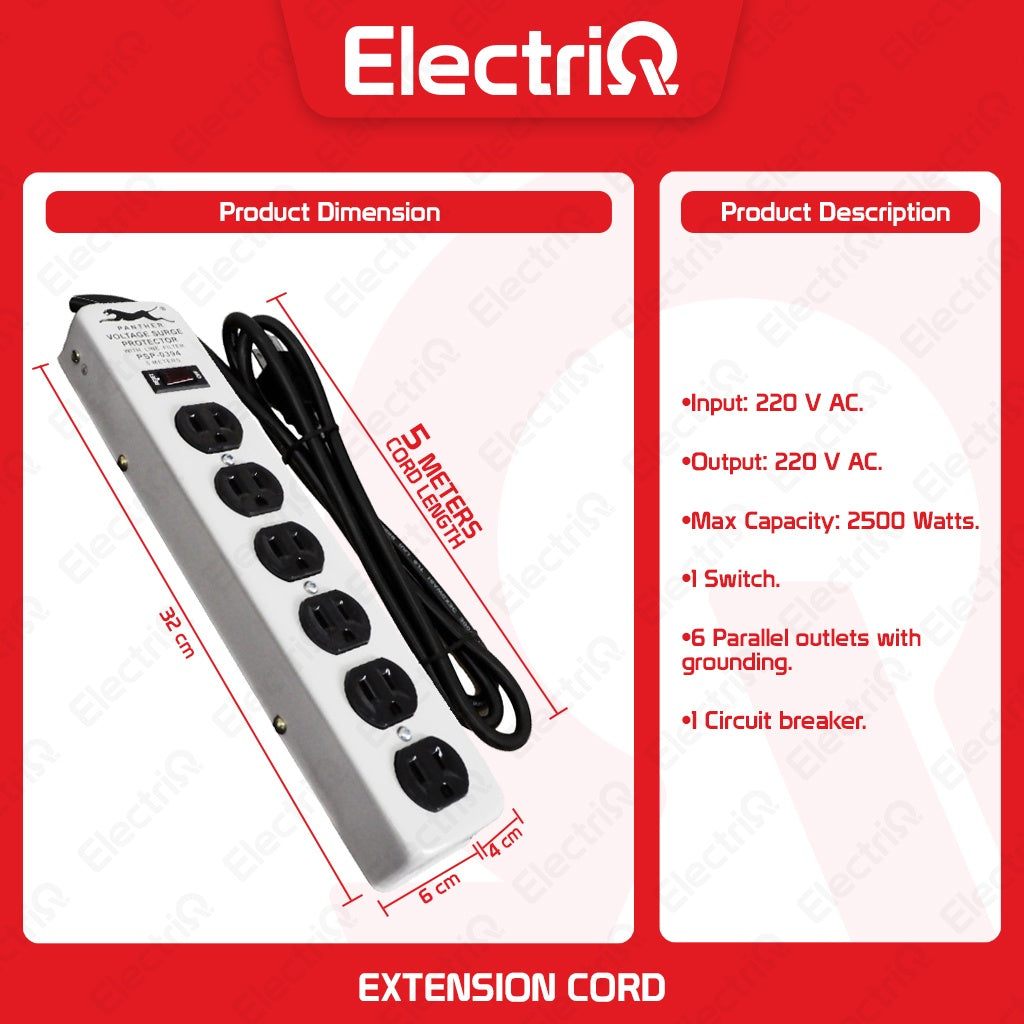 Electriq Panther Power Extension Cord 5M with Surge Protector 6-Outlet