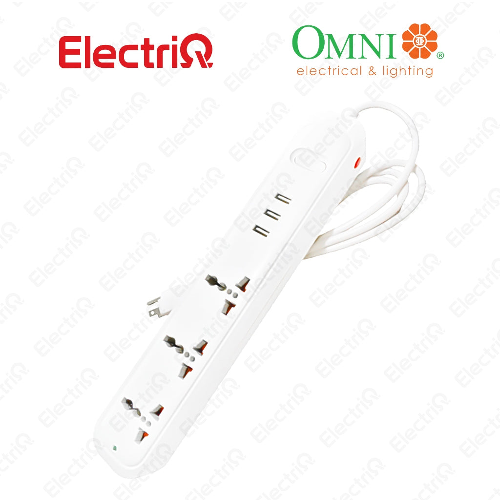 Electriq Omni Travel Extension Cord 3-Gang with 3 USB Ports 1.83M 2500W Portable Power Strip