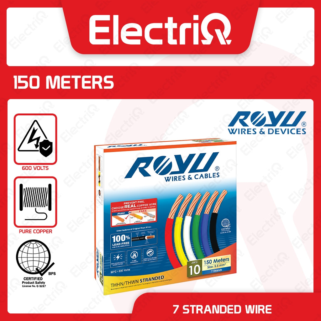 Electriq Royu THHN/THWN Stranded Copper Wire 5.5mm² AWG10 150m Heavy Duty Electrical Cable