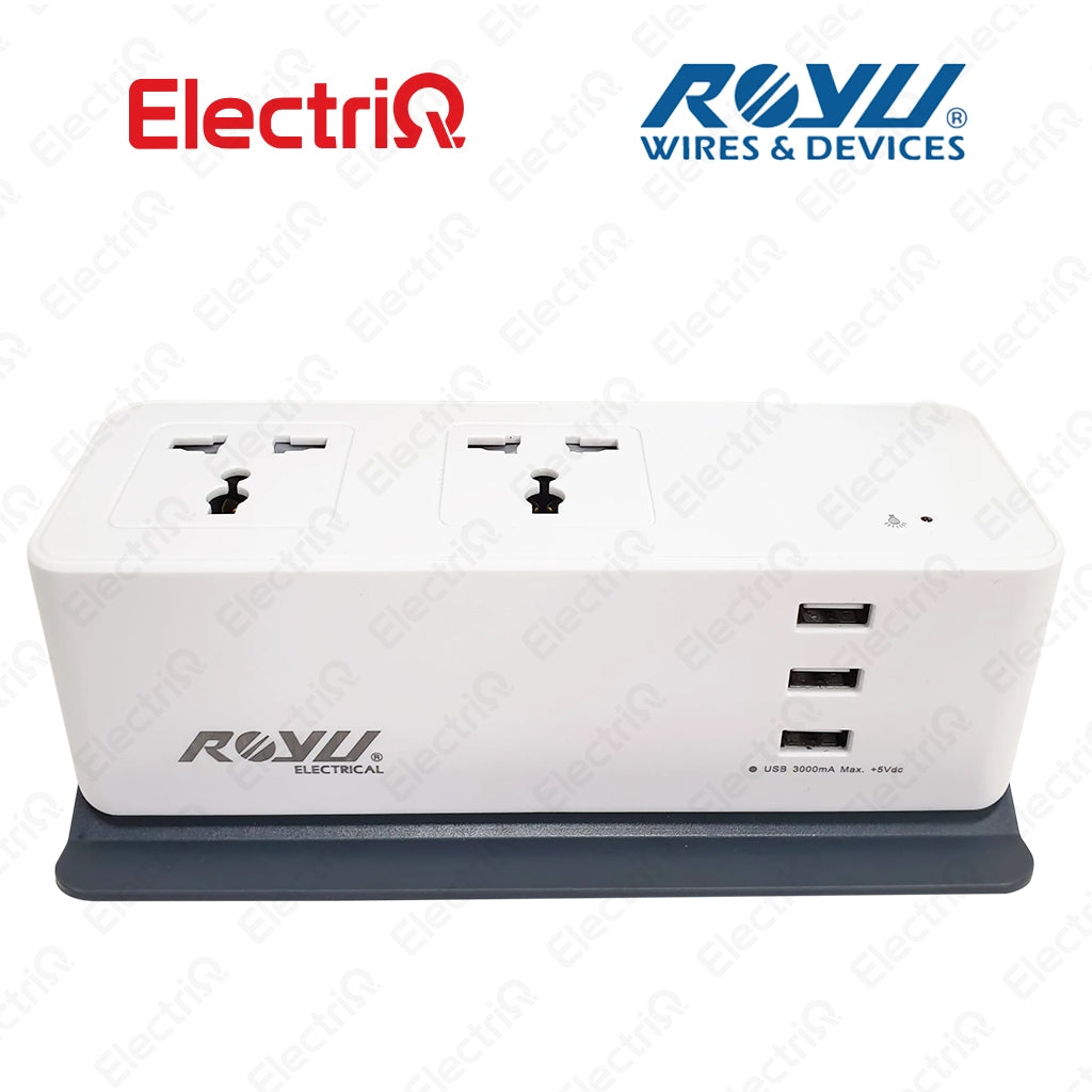 Electriq Royu Desk Extension Cord 2-Gang Outlet with 3 USB Ports 2M 2500W Surge Protected