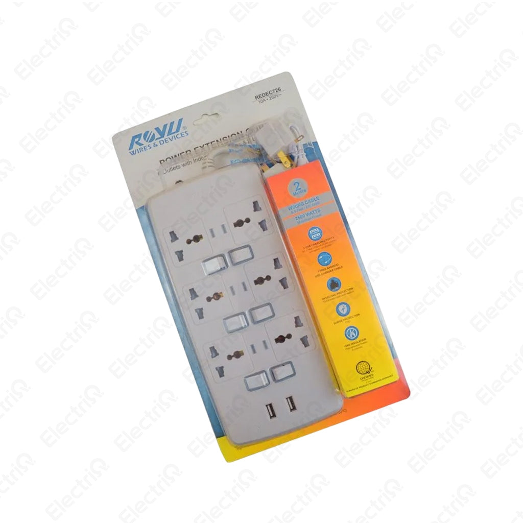 Electriq Royu 6 Socket Extension Cord with Individual Switches & 2 USB Ports 2M 2500W