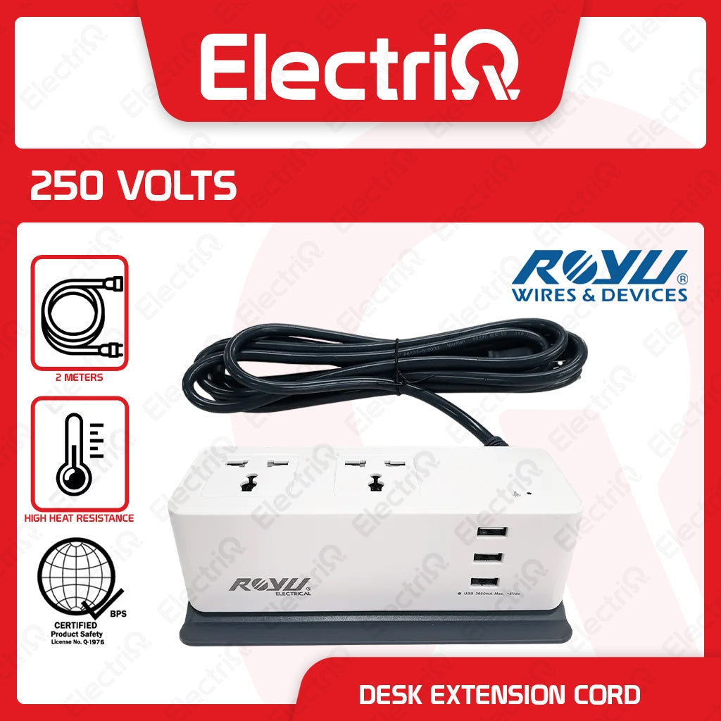 Electriq Royu Desk Extension Cord 2-Gang Outlet with 3 USB Ports 2M 2500W Surge Protected