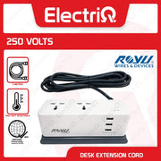 Electriq Royu Desk Extension Cord 2-Gang Outlet with 3 USB Ports 2M 2500W Surge Protected