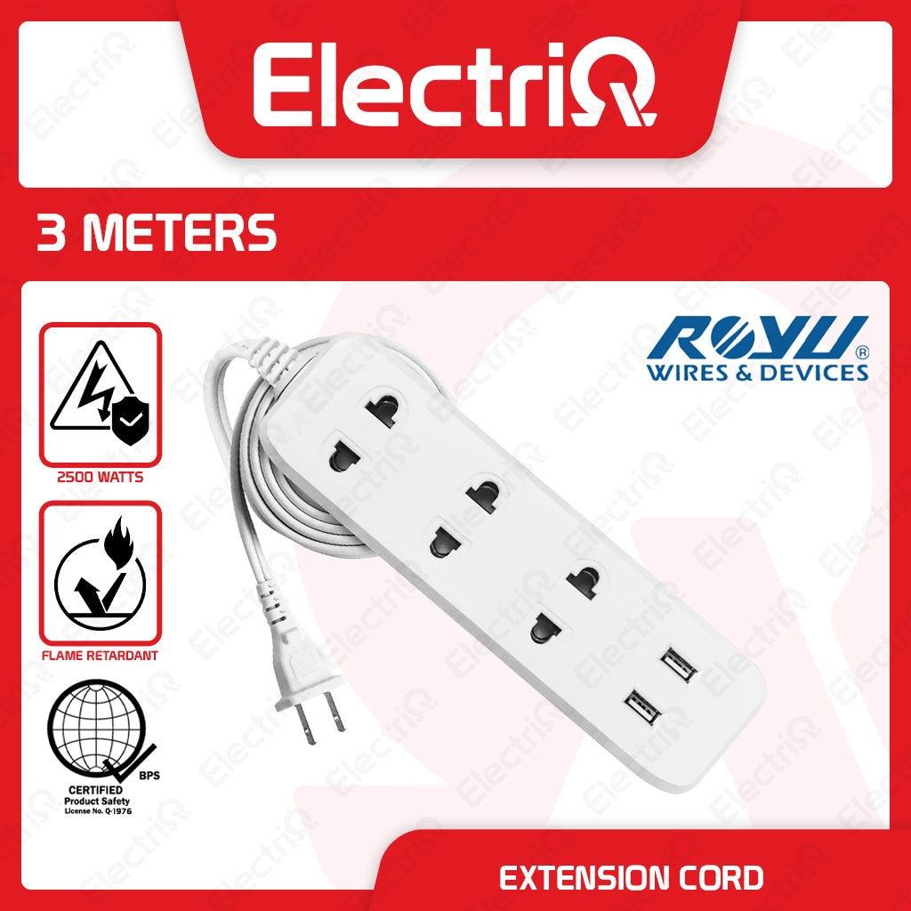 Electriq Royu 3-Gang Universal Outlet with 2 USB Ports Extension Cord 3M