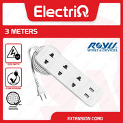 Electriq Royu 3-Gang Universal Outlet with 2 USB Ports Extension Cord 3M