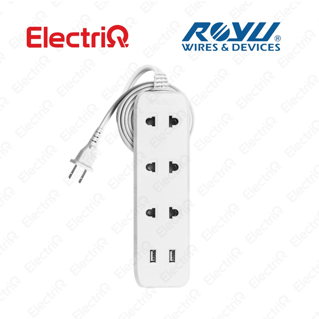 Electriq Royu 3-Gang Universal Outlet with 2 USB Ports Extension Cord 3M