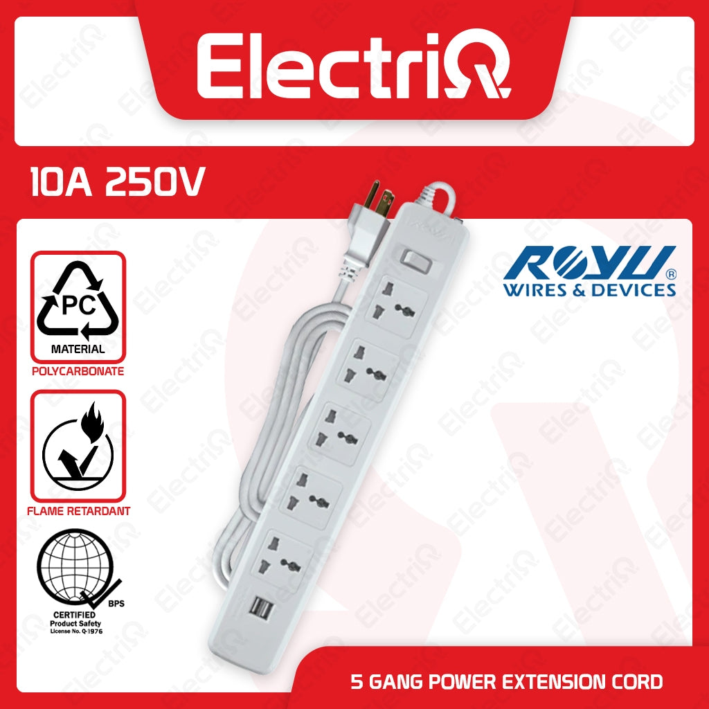 Electriq Royu 5 Socket Extension Cord with Master Switch & 2 USB Ports