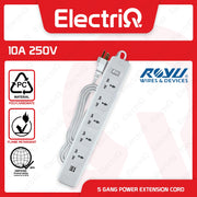 Electriq Royu 5 Socket Extension Cord with Master Switch & 2 USB Ports