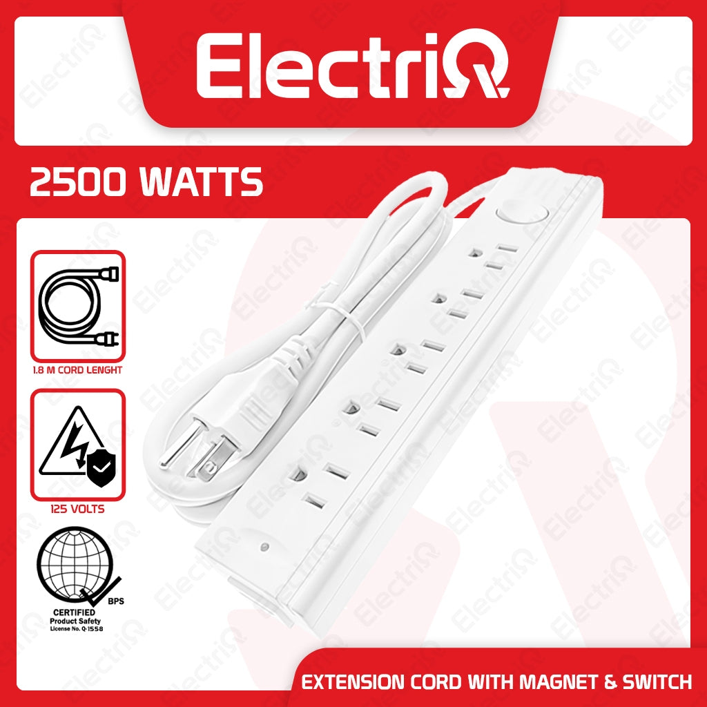 Electriq Omni Extension Cord Set with Magnet & Switch 5 Gang 1.83M 2500W Power Strip