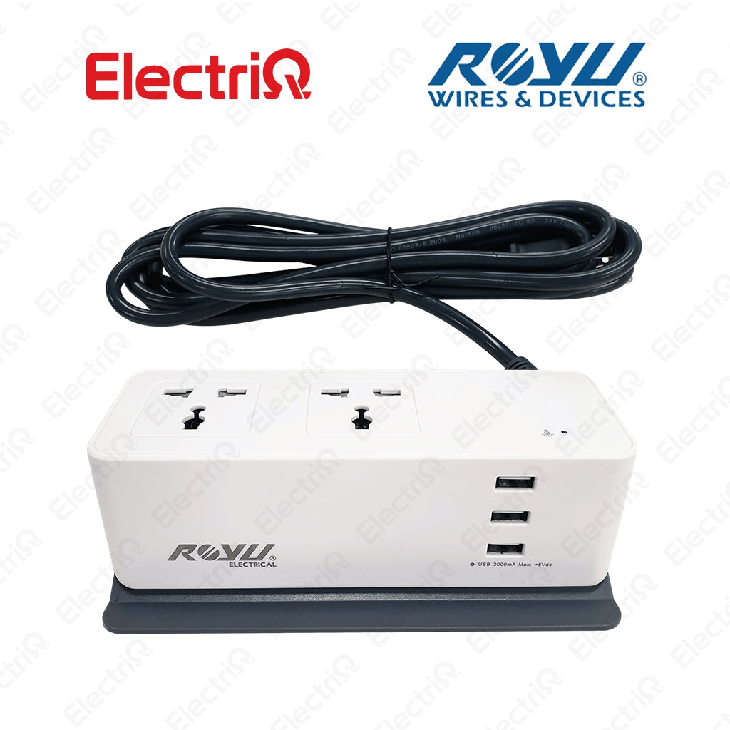Electriq Royu Desk Extension Cord 2-Gang Outlet with 3 USB Ports 2M 2500W Surge Protected
