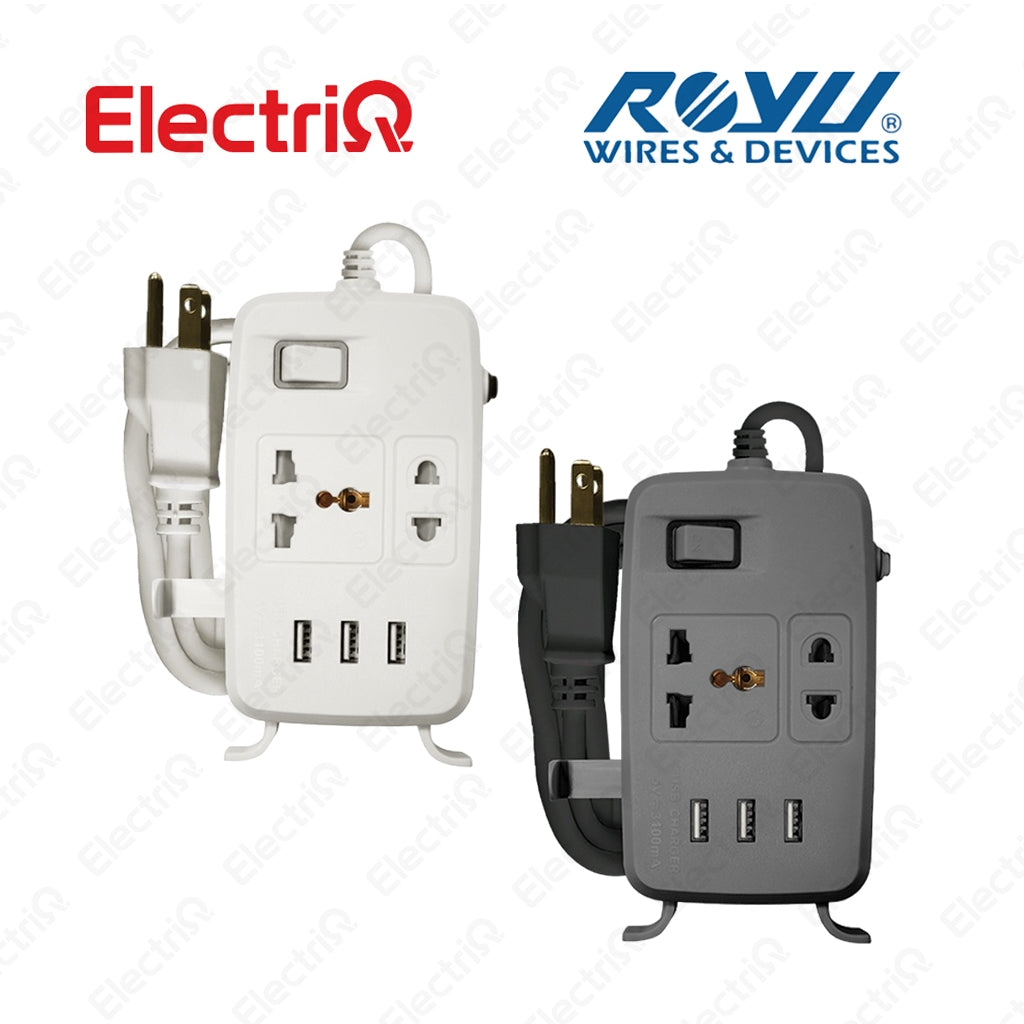 Electriq Royu 2/4 Gang Power Extension Cord with Main Switch & 3 USB Ports 2M 2500W White/Gray
