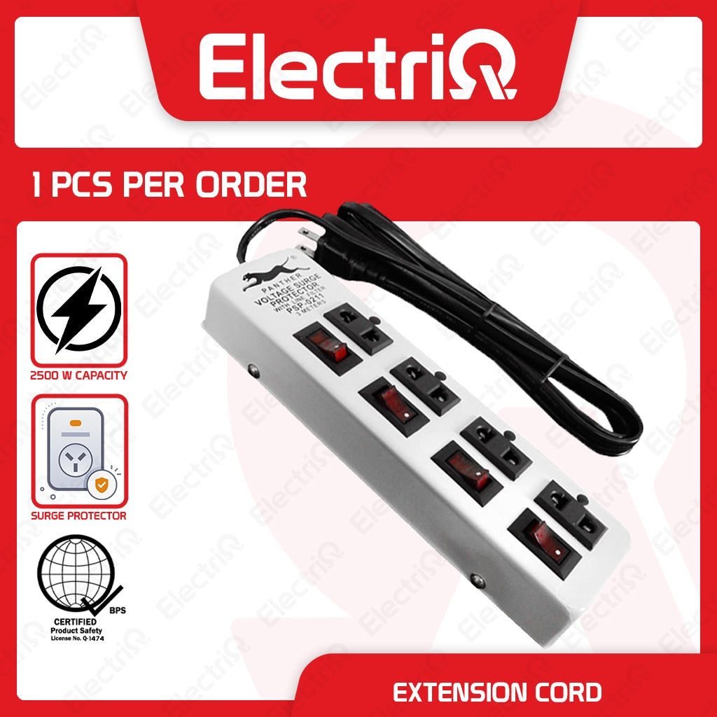 Electriq Panther Power Extension Cord 3M with Individual Switch & Surge Protector