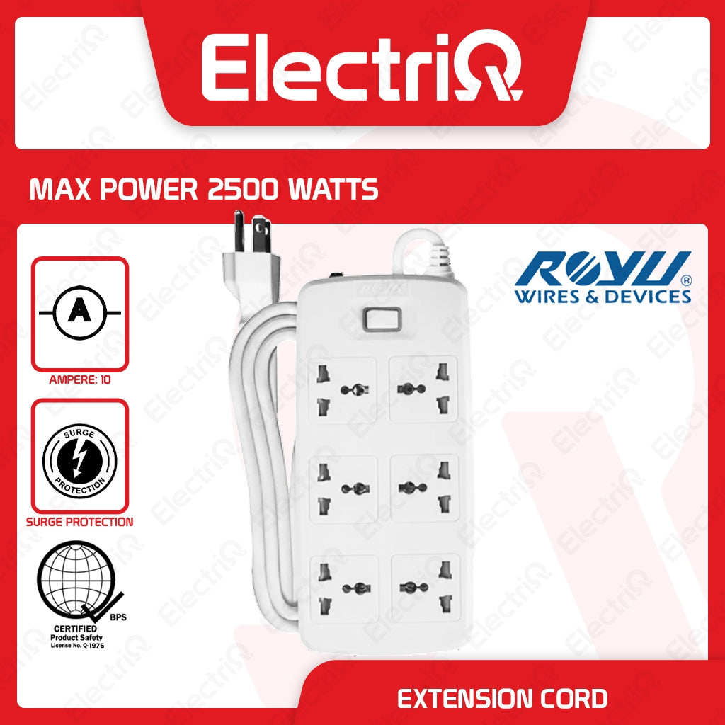 Electriq Royu Extension Cord Overload & Surge Protected 6 Outlets with Master Switch 2M 2500W