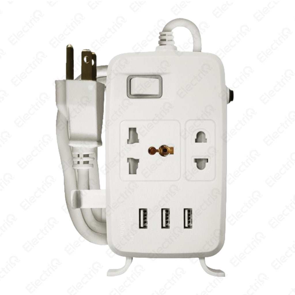 Electriq Royu 2/4 Gang Power Extension Cord with Main Switch & 3 USB Ports 2M 2500W White/Gray