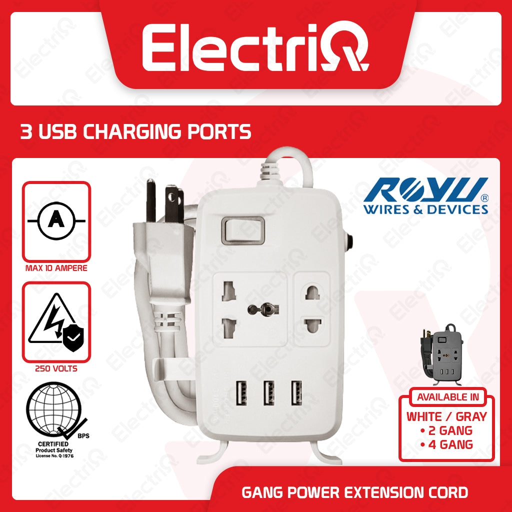 Electriq Royu 2/4 Gang Power Extension Cord with Main Switch & 3 USB Ports 2M 2500W White/Gray