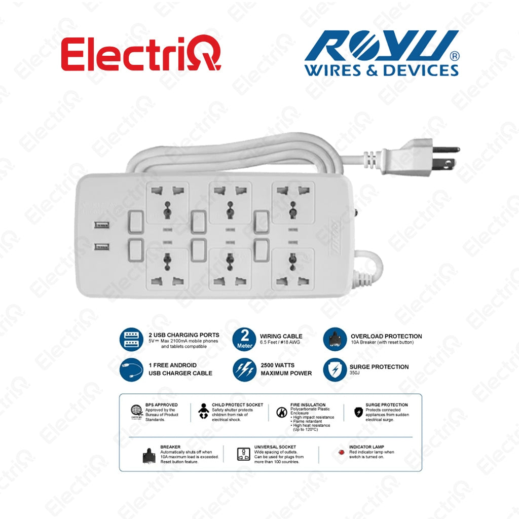 Electriq Royu 6 Socket Extension Cord with Individual Switches & 2 USB Ports 2M 2500W
