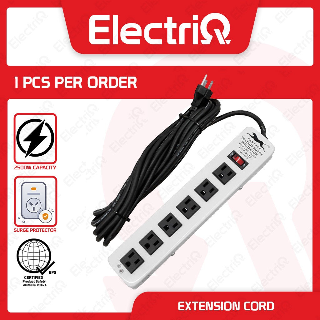 Electriq Panther 5M Power Extension Cord with Surge Protector & Noise Filter 6-Outlet