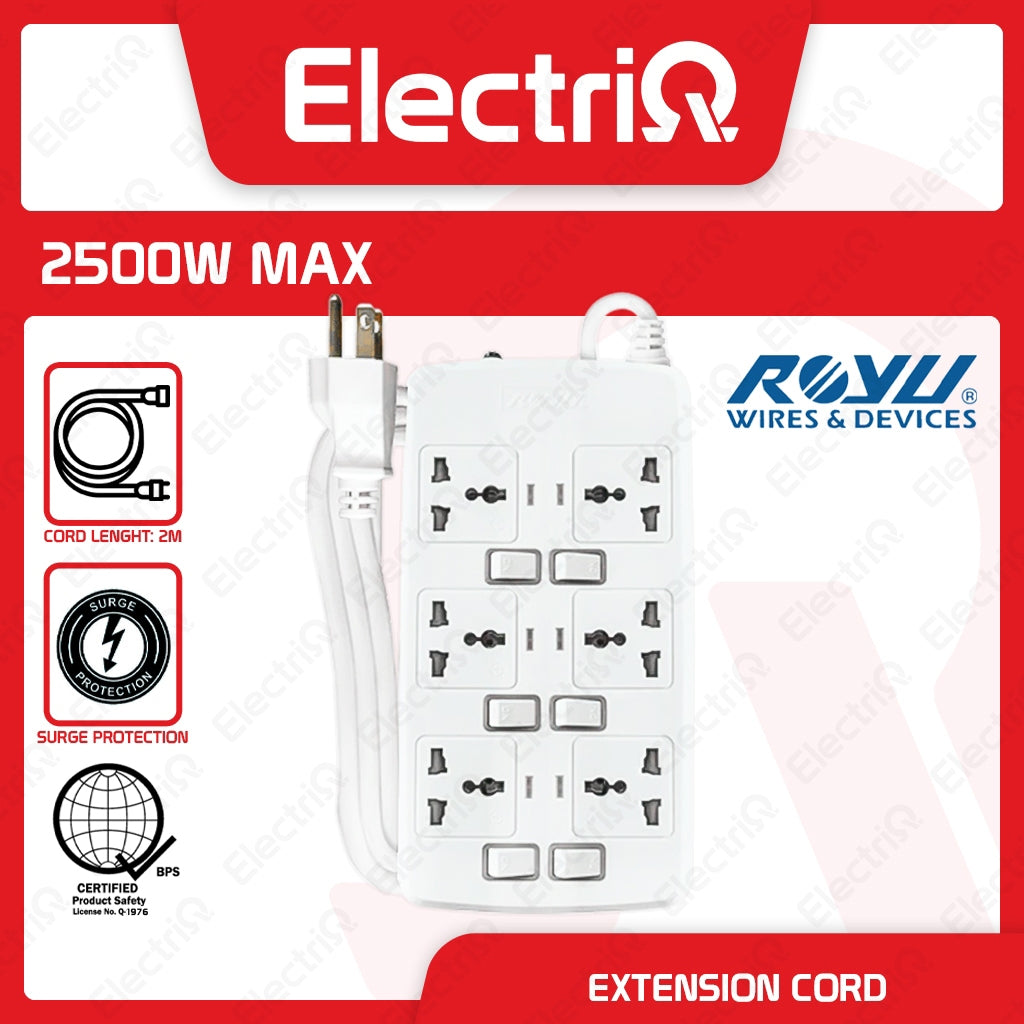 Electriq Royu Extension Cord Overload & Surge Protected 6 Outlets with Individual Switch 2M 2500W