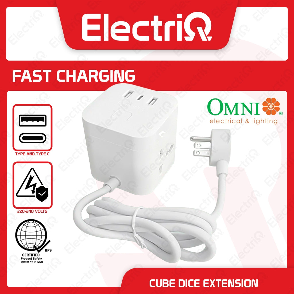 Electriq Omni Cube Dice Extension Cord 3 Outlet with USB A & Type C Fast Charging 1.5M