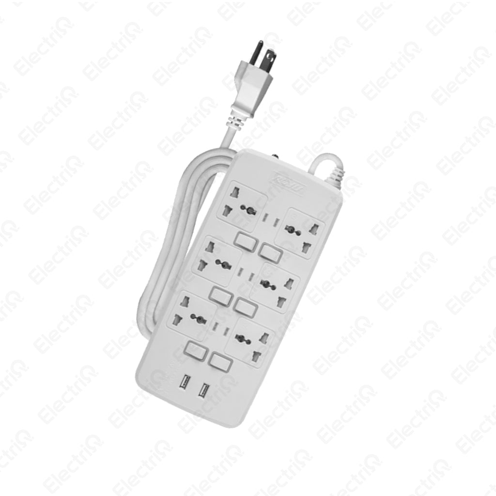 Electriq Royu 6 Socket Extension Cord with Individual Switches & 2 USB Ports 2M 2500W