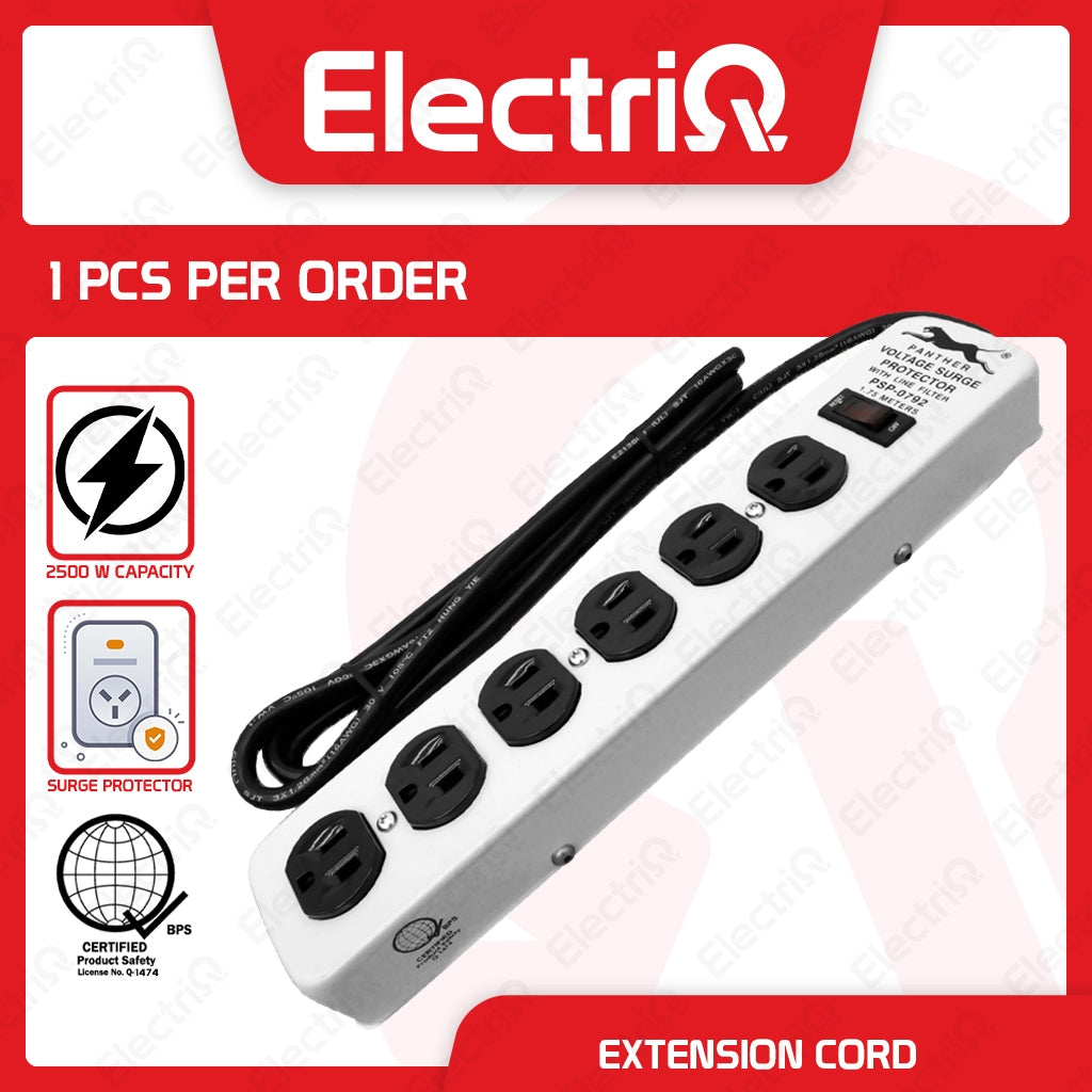 Electriq Panther 1.75M Power Extension Cord with Surge Protector 6-Outlet