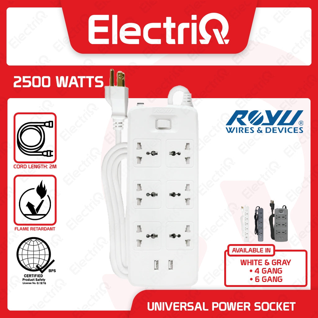 Electriq Royu 4/6 Gang Socket Power Extension Cord with 2 USB Ports 35cm 2500W