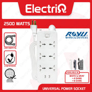 Electriq Royu 4/6 Gang Socket Power Extension Cord with 2 USB Ports 35cm 2500W