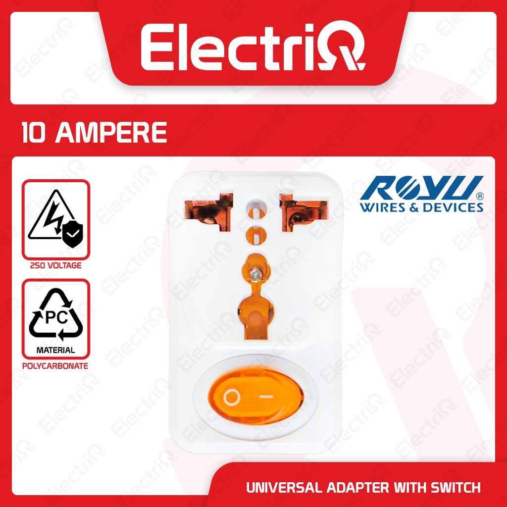 Electriq Royu Universal Adapter with Switch & 2 USB Ports 10A 250V
