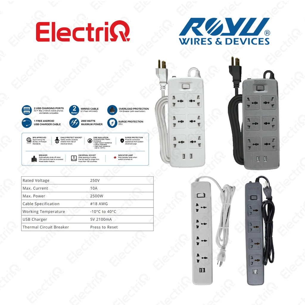 Electriq Royu 4/6 Gang Socket Power Extension Cord with 2 USB Ports 35cm 2500W