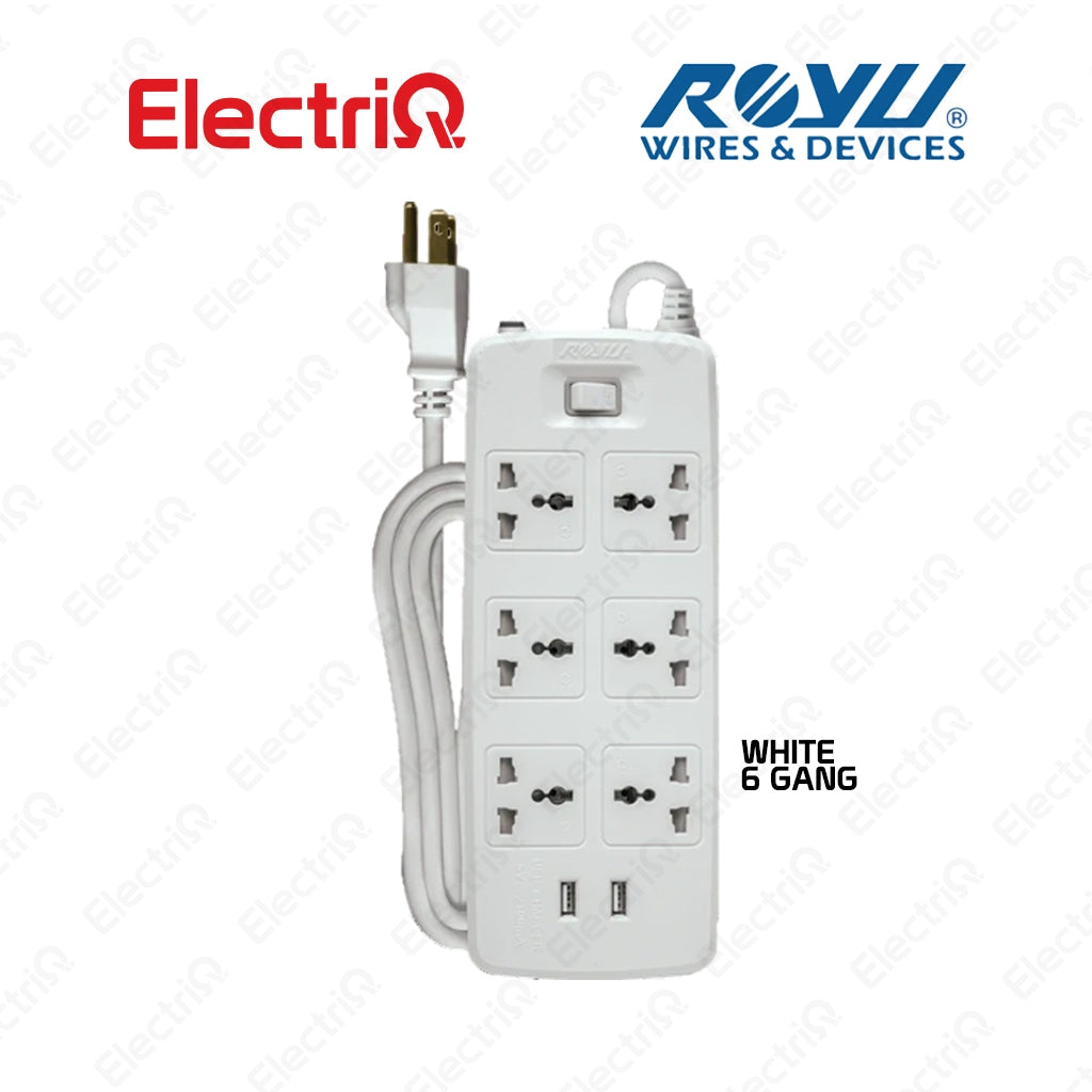 Electriq Royu 4/6 Gang Socket Power Extension Cord with 2 USB Ports 35cm 2500W