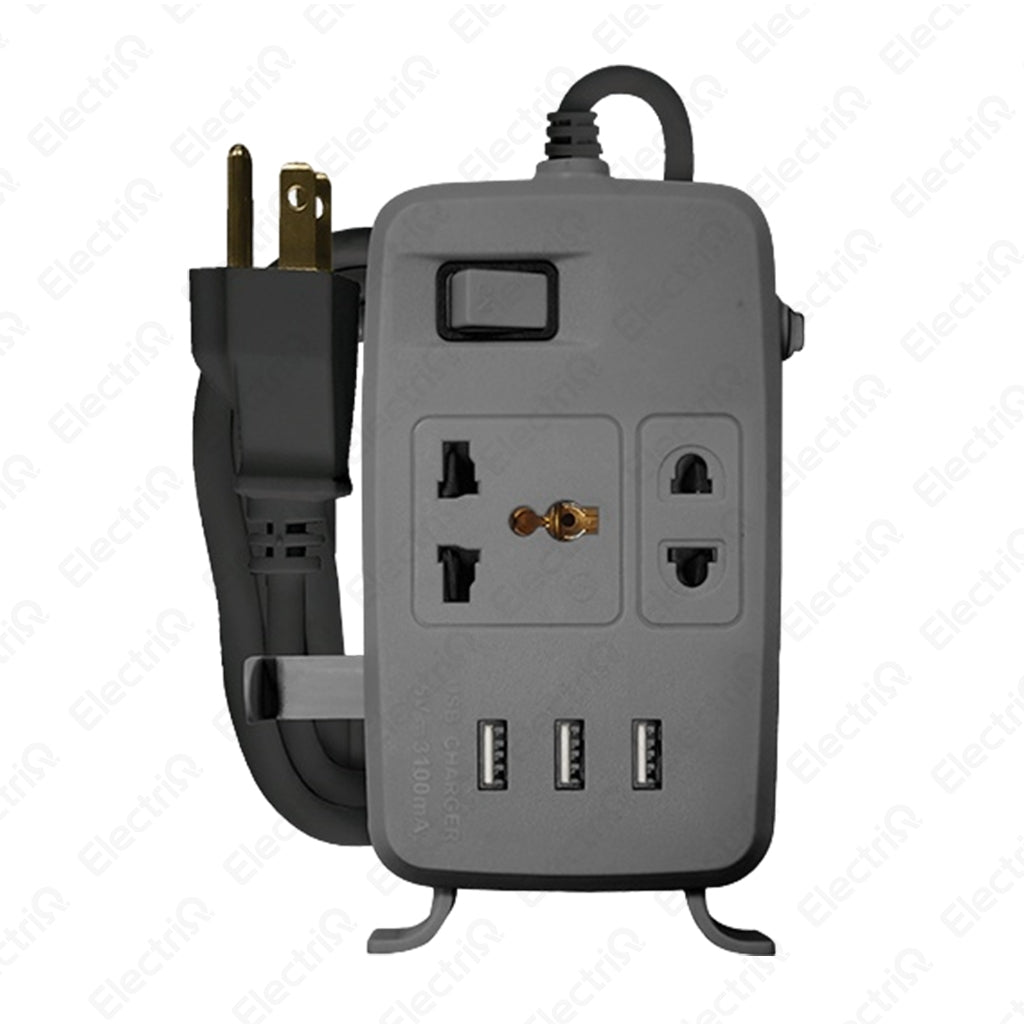 Electriq Royu 2/4 Gang Power Extension Cord with Main Switch & 3 USB Ports 2M 2500W White/Gray