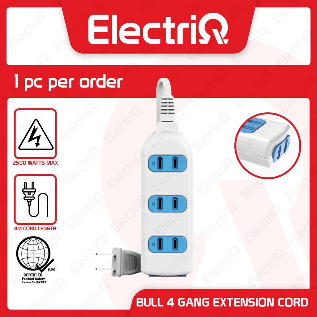 Electriq Bull Eco 4-Gang Extension Cord 4M 2500W Heavy Duty Power Strip
