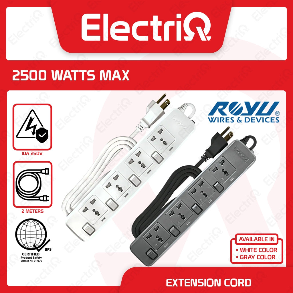 Electriq Royu Extension Cord Overload & Surge Protected 4 Outlets with Individual Switch 2M 2500W