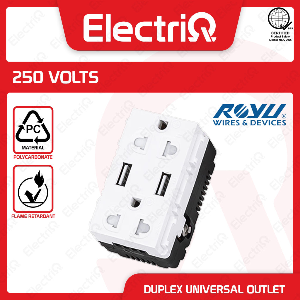 Electriq Royu Duplex Universal Outlet with 2 USB Ports Wide Series 16A 250V