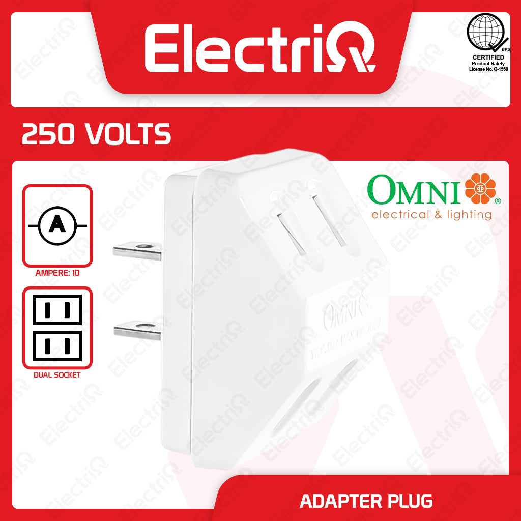 Electriq Omni 1-to-2 Adapter Plug 10A 250V Outlet Socket Splitter