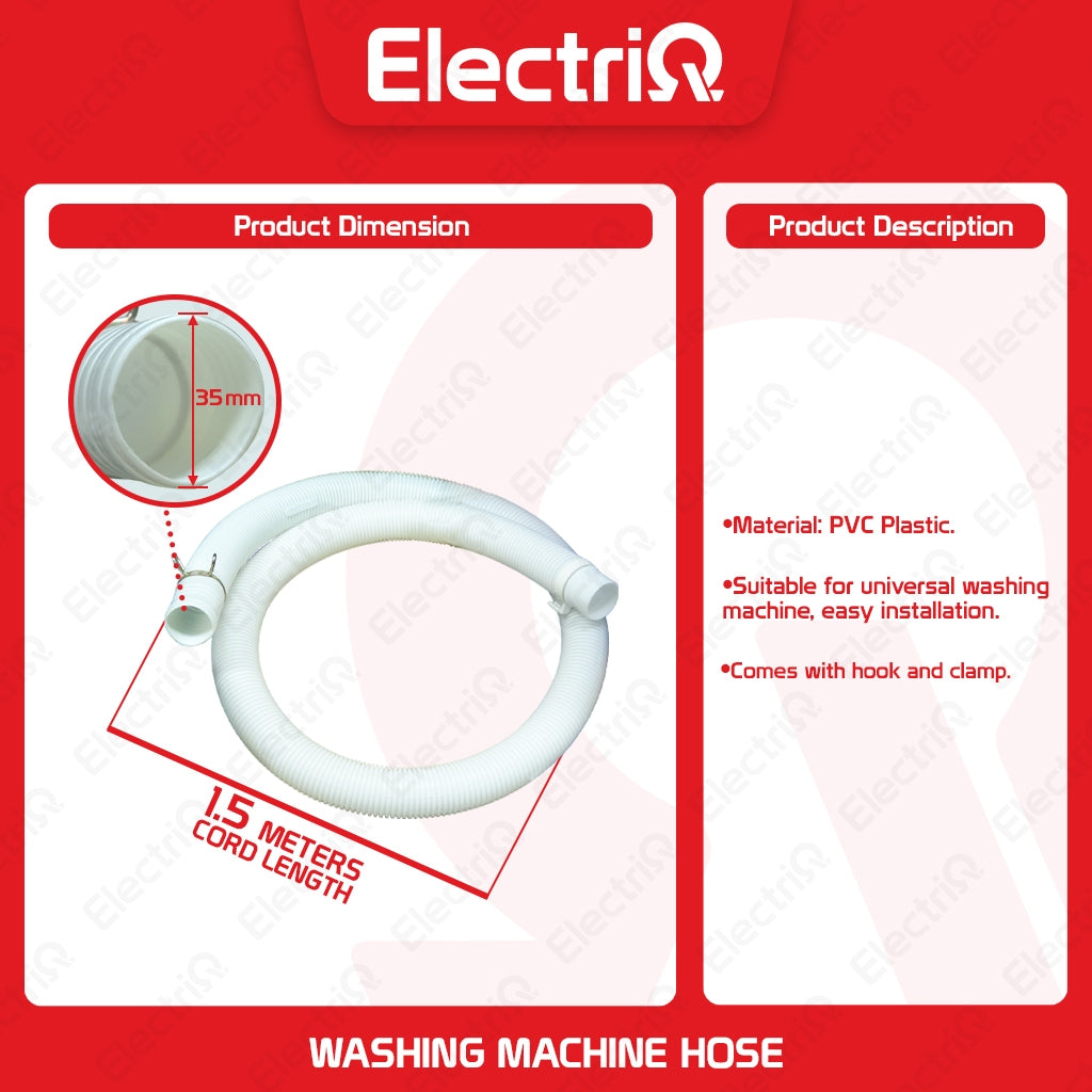 Electriq Thick PVC Washing Machine Outlet Hose 1.5m / 1.3m with Hook & Clamp