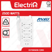 Electriq Royu 6 Socket Extension Cord with Individual Switches & 2 USB Ports 2M 2500W