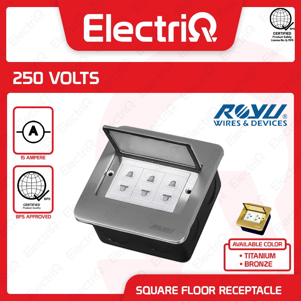 Electriq Royu Square Floor Receptacle with 2/3 Gang Duplex Universal Outlet 15A 250V Titanium/Bronze