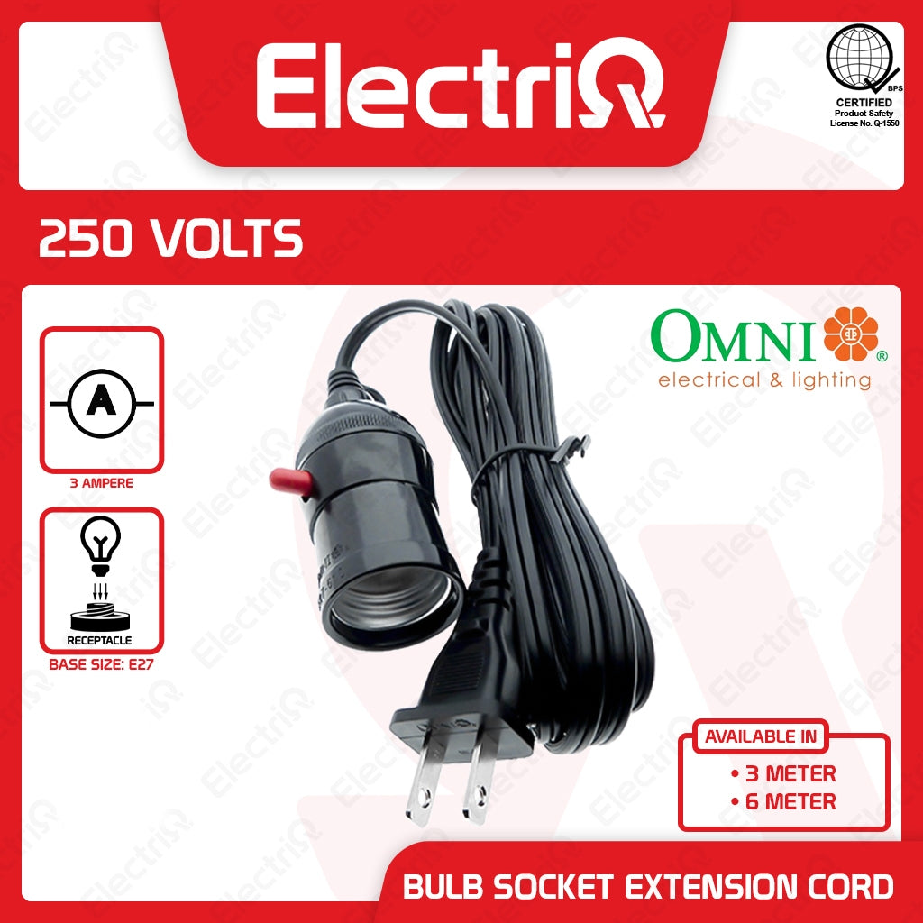 Electriq Omni E27 Bulb Socket Extension Cord 3M / 6M Push Through Switch Lamp Holder Cable